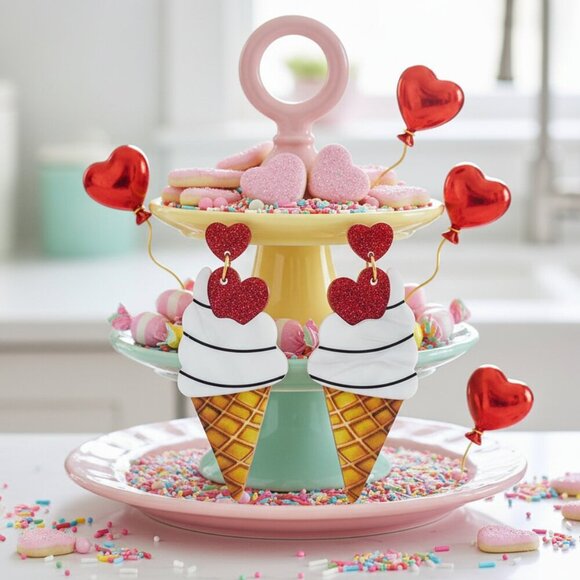 🆕️ Adorable Ice Cream Cone Drop Earrings with Glitter Hearts Fun & Trendy - Picture 5 of 16